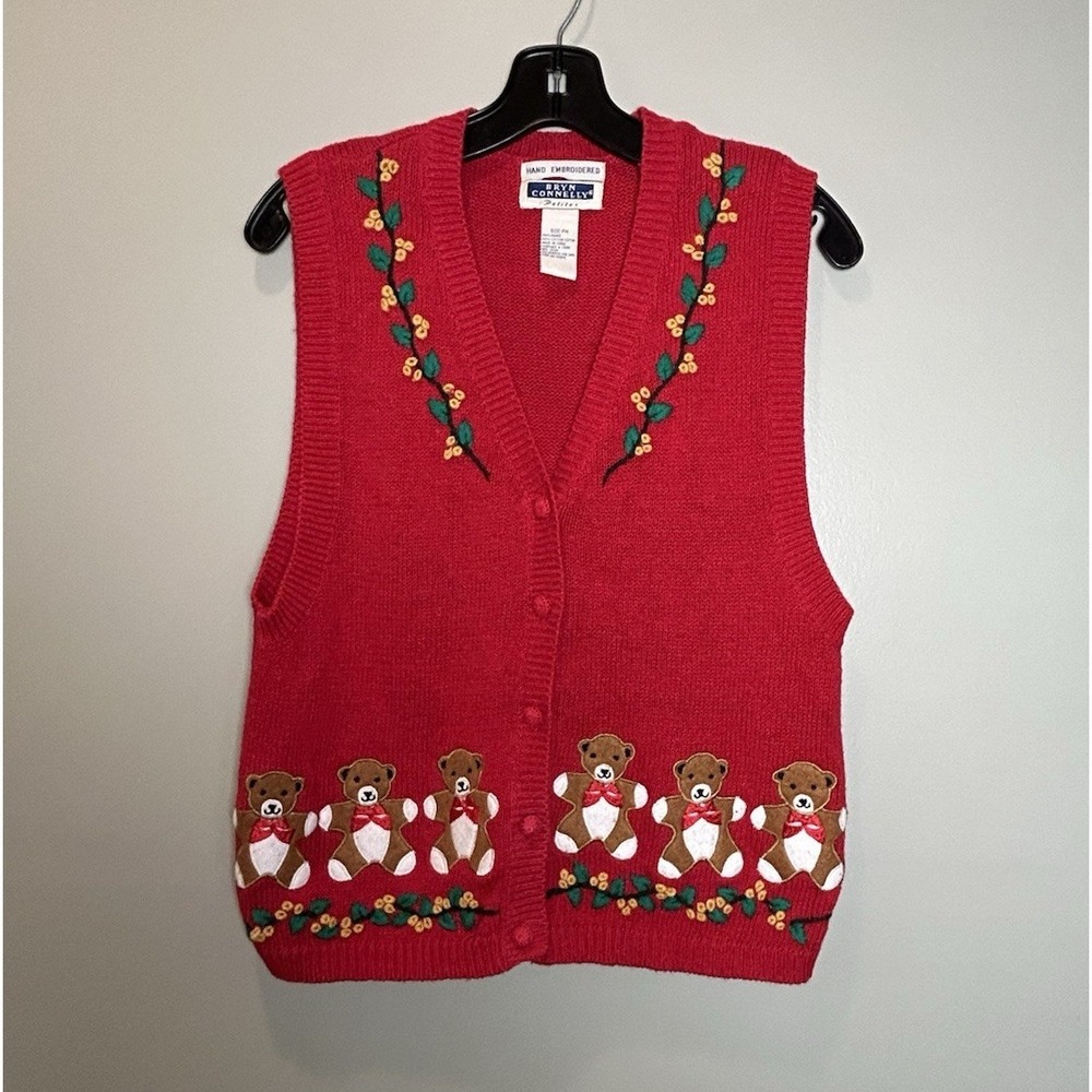 Bryn Connelly Petites PM Red Knit Sweater Vest Teddy Bear Embroidered Buttons